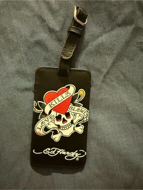Vintage Y2K Ed Hardy Love Kills Slowly Luggage Tag Skull Heart Travel ID Tag